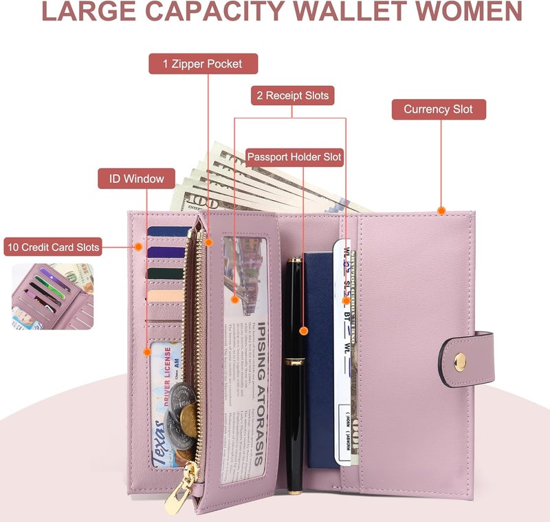 yiijay Womens Wallet RFID Blocking Leather Trifold Clutch Wallet Credit Card Holder Ladies Travel Wallet Purse with Pen Holder - Image 2